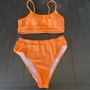 Two Piece Tangerine Orange Ribbed Textured High Waist Bikink Size Medium NWOT‎